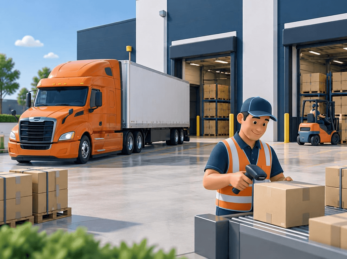 A warehouse team scanning freight beside a teal semi truck