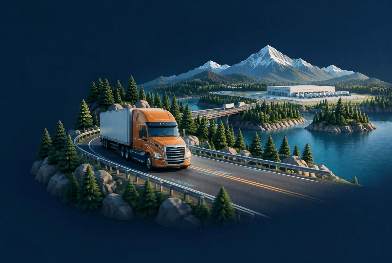 Teal semi truck traveling toward a distribution center through a mountain landscape